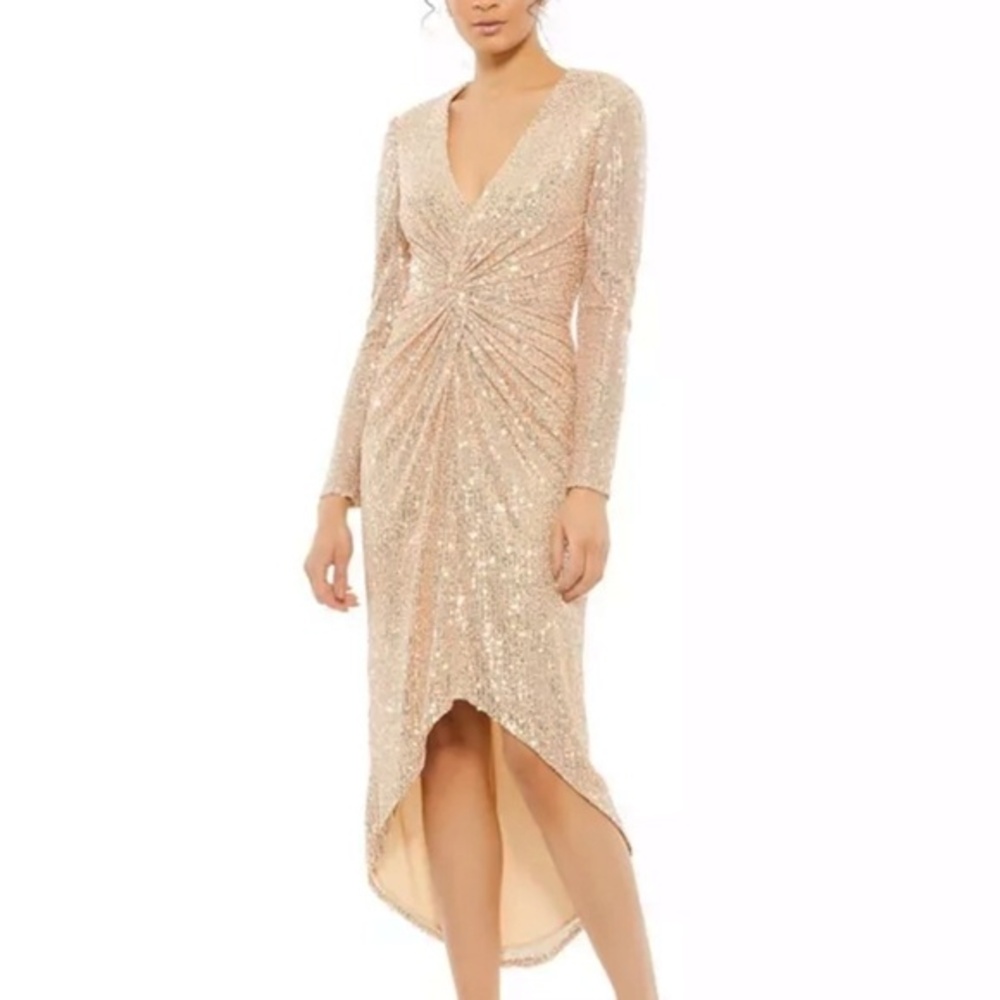 Ieena for Mac‎ Duggal - Sequin Knotted Long Sleeve Midi Dress